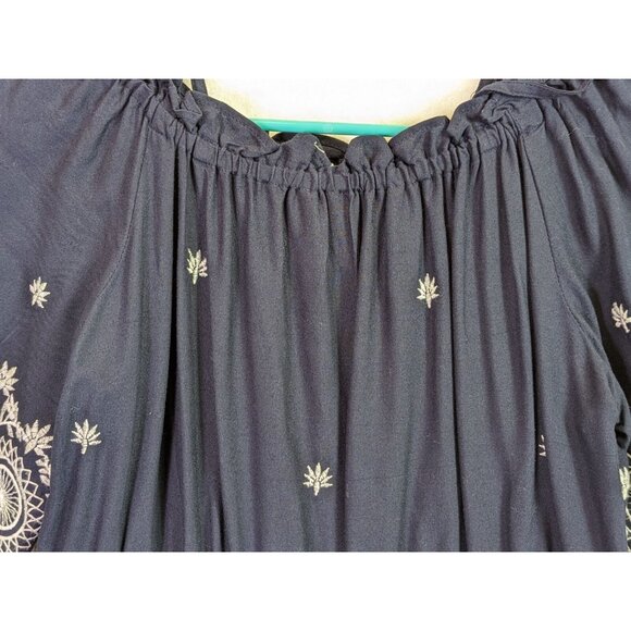 World Market Women size S/M Embroidered Gauzy Beachy Navy Dress Off Shoulder - Picture 5 of 11